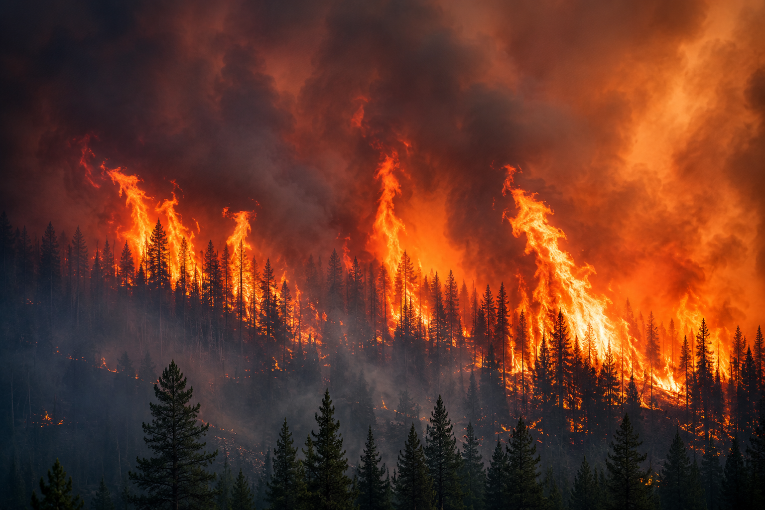 A wildfire consumes a hilly forest.
