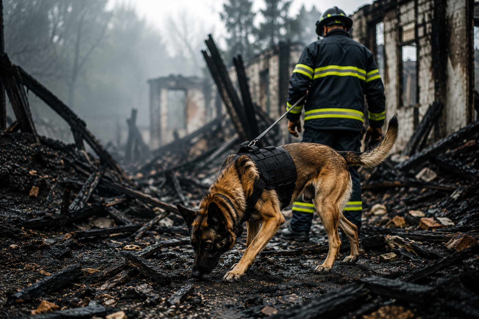 Certified accelerant detection dog and fire investigator examining the debris of a fire-damaged structure during a forensic fire investigation.